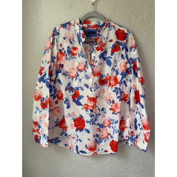 Talbots Womens Red Blue Floral Rose Print Cotton Roll Tab Sleeve Blouse Top - Picture 1 of 4